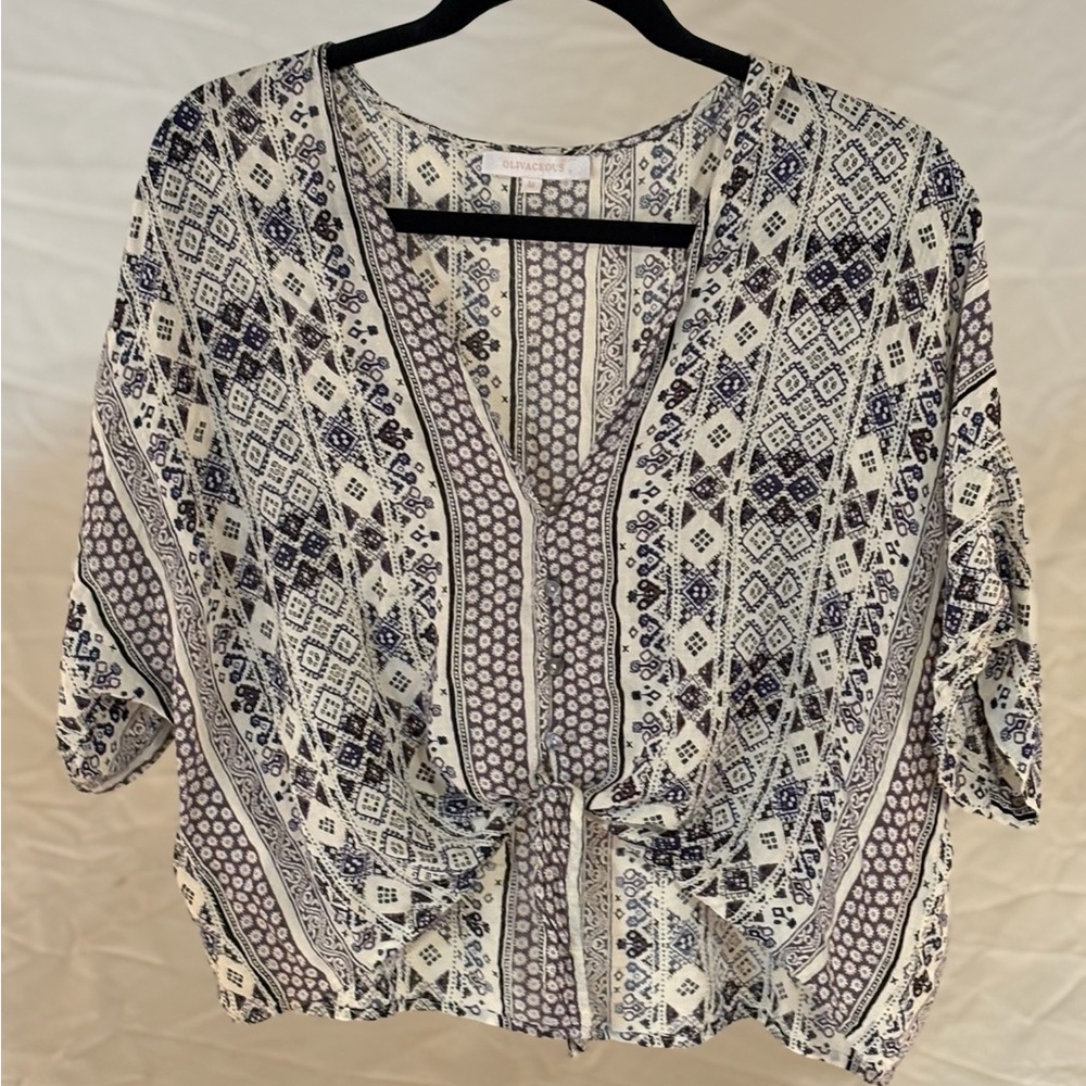 Olivaceous Blue and White Geometric Tie-Front Blouse
